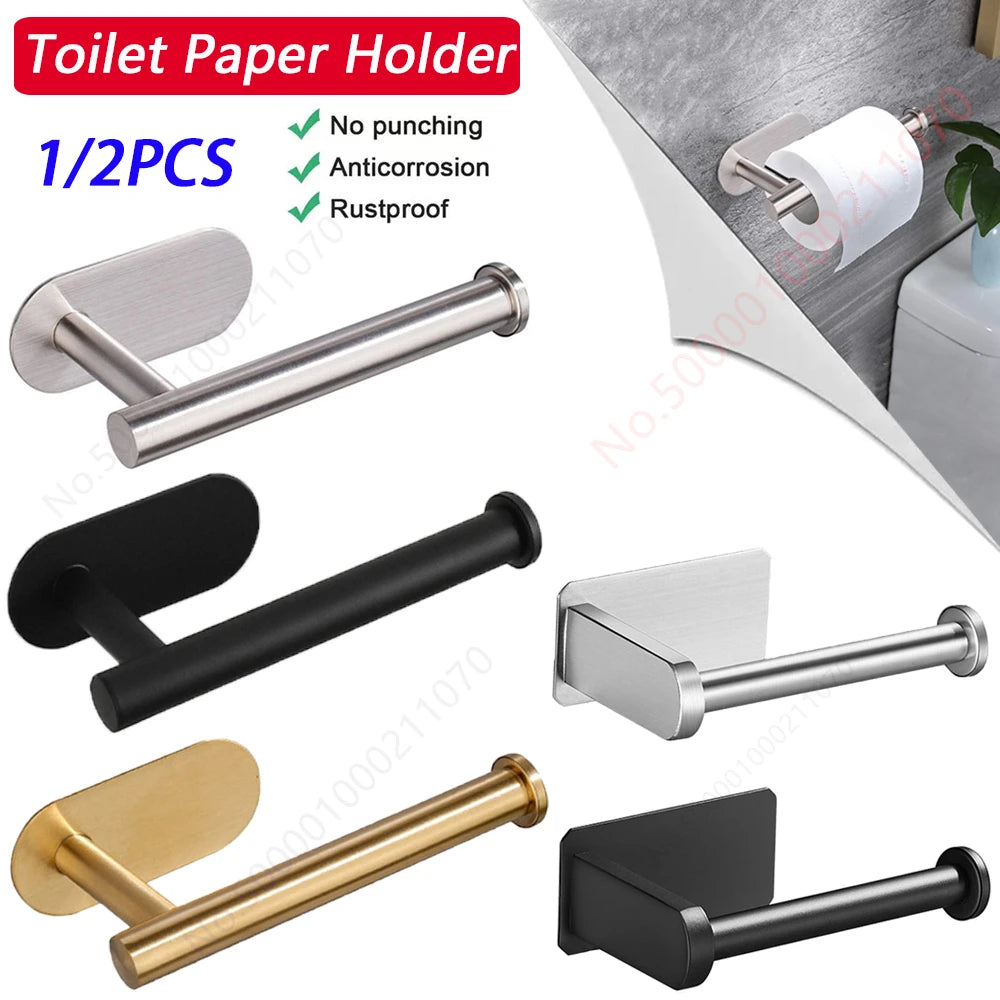 No-Drill Toilet Paper Holder (2-Pack) – Adhesive Stainless Steel Wall Mount for Bathroom & Kitchen